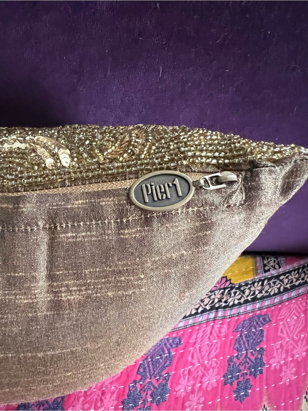 Pier One 12” Square Beaded Sequins Gold/Bronze Throw Pillow Bohemian - Picture 3 of 5